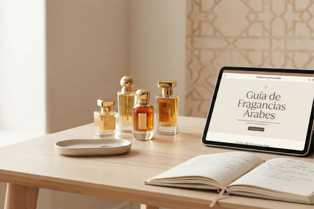 Escena de escritorio lifestyle con luz natural, donde una tablet muestra en pantalla la portada 'Guía de Fragancias Árabes'. Al lado hay cuatro frascos de perfume oriental de cristal y oro, una taza y un cuaderno de notas abierto.