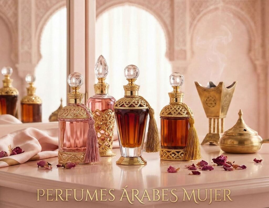 Tocador estilo coquette con una colección de los mejores perfumes de mujer en frascos dorados y rosas, junto a un quemador de incienso tradicional.