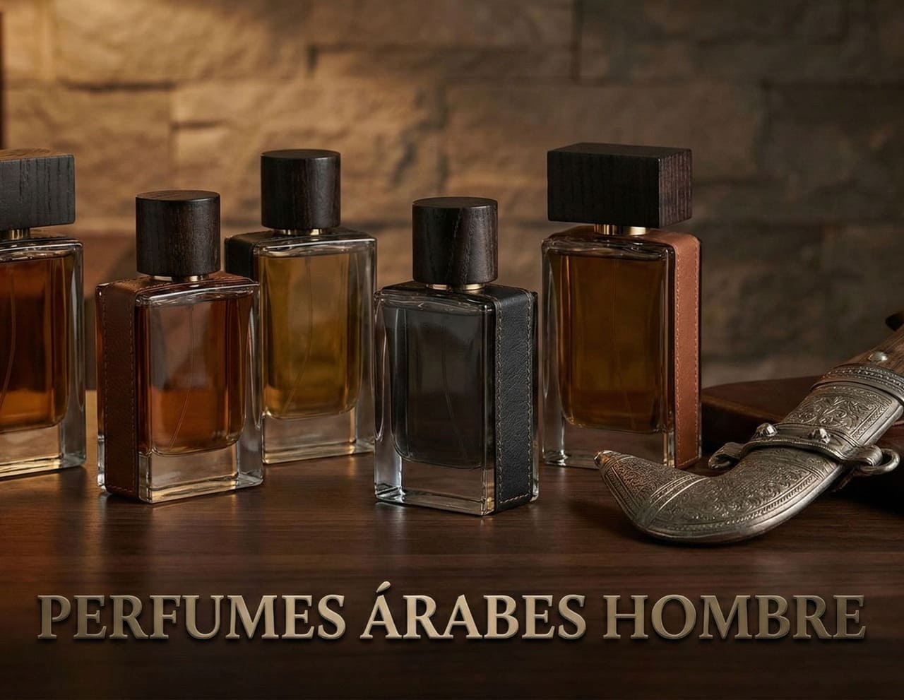 Selección de perfumes para hombre en frascos negros y dorados sobre madera oscura, evocando notas de oud, cuero y especias.