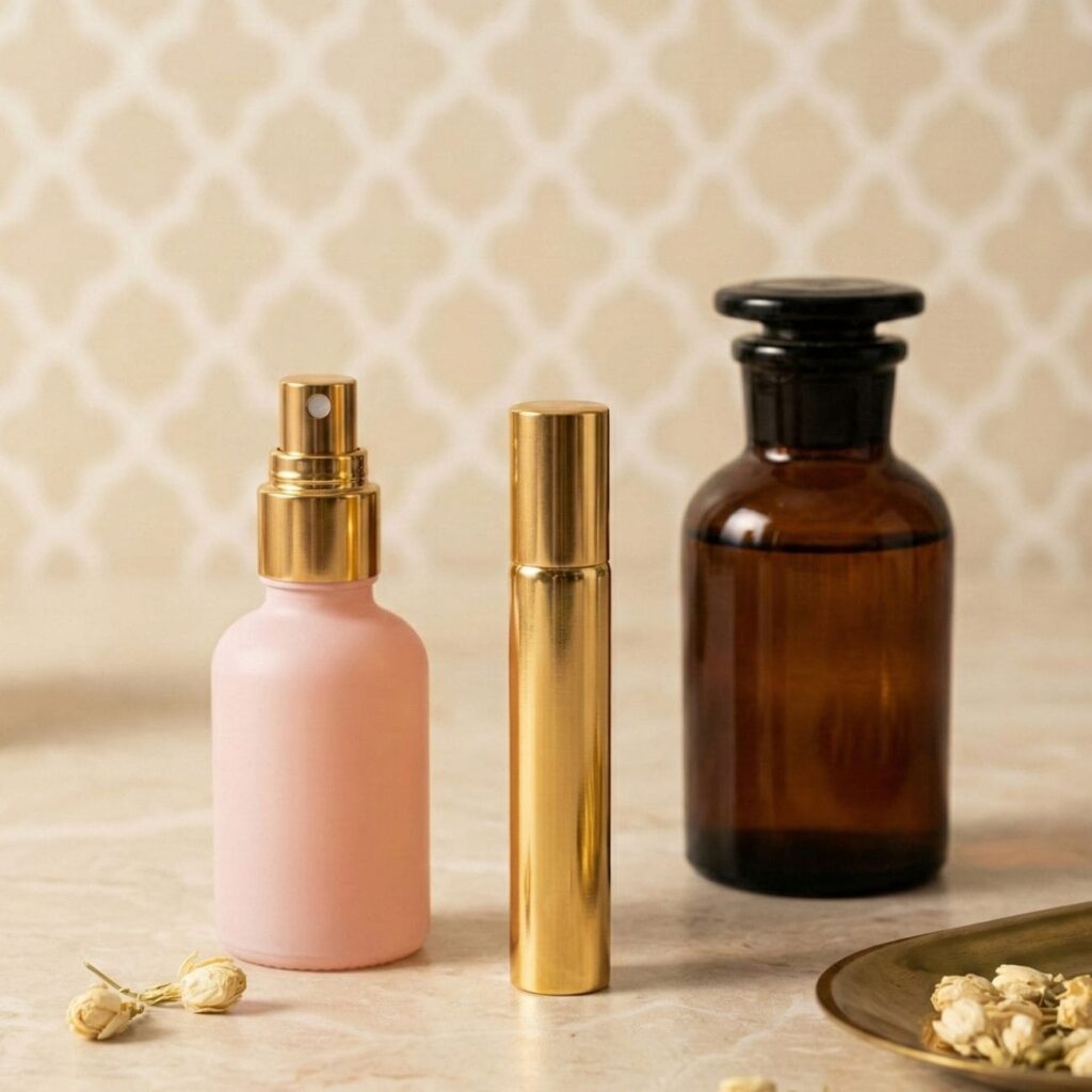 Fotografía vertical de estilo de vida mostrando una colección moderna de perfumes árabes sobre superficie de mármol beige. Incluye un frasco pulverizador rosa pastel, un roll-on dorado para attar y una botella de boticario de vidrio ámbar, rodeados de flores de jazmín secas y un fondo con patrón geométrico sutil.